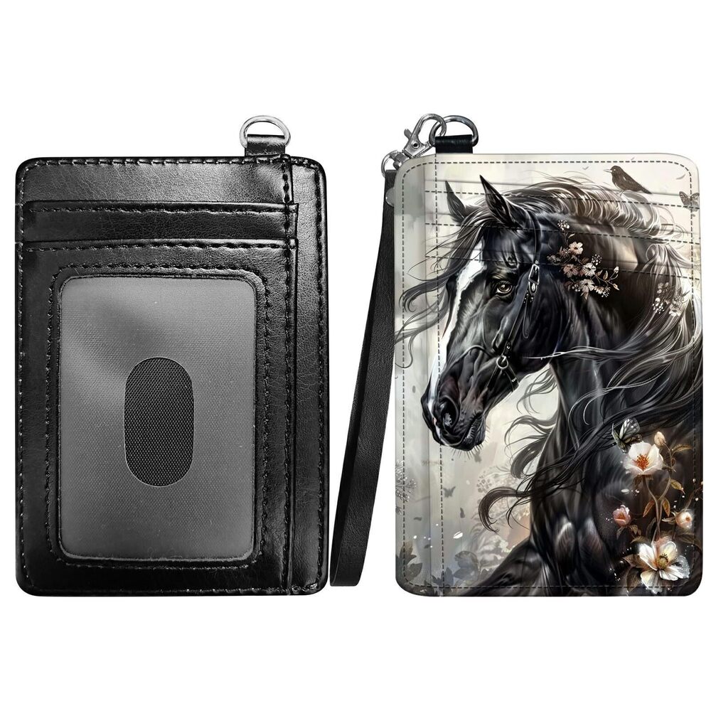 3134 Flower Horse Slim Minimalist Wallet with Lanyard Strap, PU Leather
